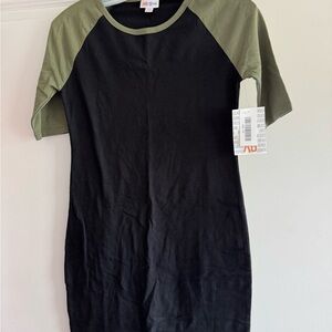 LuLaRoe Black and Olive Raglan Julia Dress Size XS